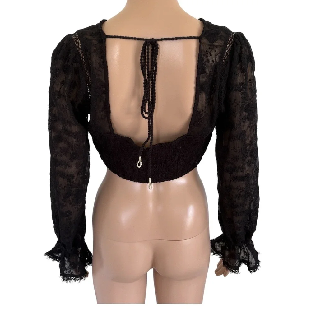 Free People Intimately Sheer Lace Crop Top Black Long Sleeve S NWT Whimsigoth